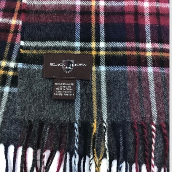 Black Brown 1826 long scarf classy gray & burgundy plaid 100%  cashmere - Picture 4 of 6